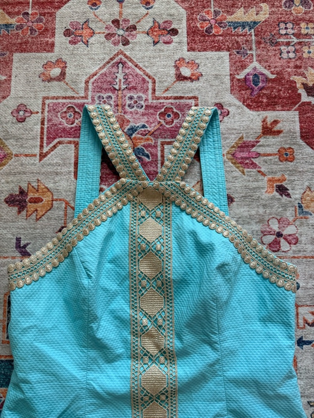 Lilly Pulitzer Turquoise Mini Dress with Gold Trim - Picture 2 of 5